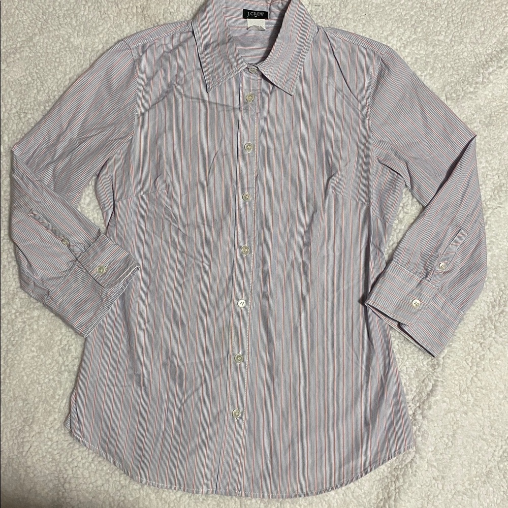 JCrew Womens Sz sm red blue white pin striped button down quarter sleeve shirt